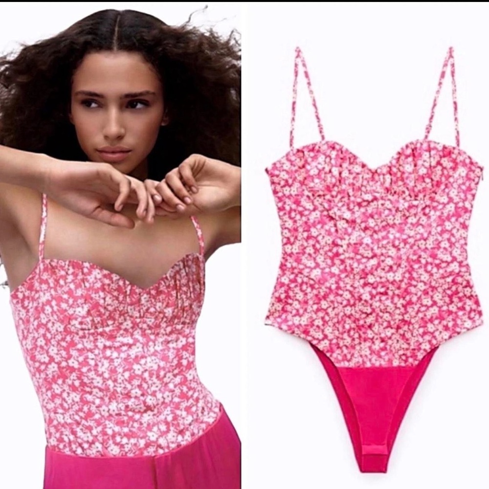 ZARA TRF Corset Bustier Pink Floral Bodysuit. NWT. Women’s XS